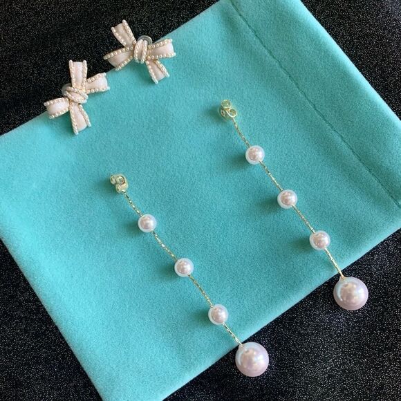 New Beautiful Bow-knot With Pearl Long Tassel Earrings 2 in 1 - Picture 4 of 12